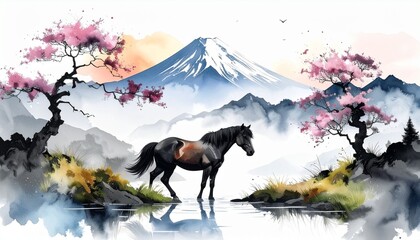 馬と富士山の水彩・水墨画イラスト  午年の年賀状素材