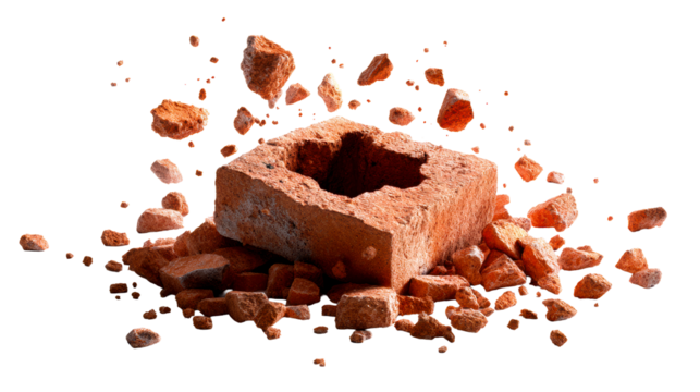 Cracked orange brick fragment scattering in mid-air against white background, cut out transparent
