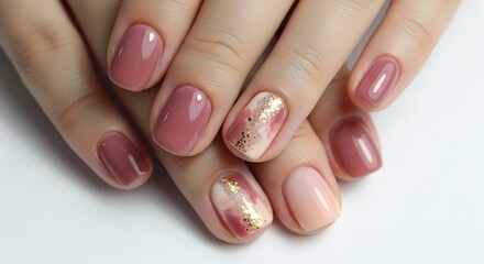 Elegant Rose Gold and Peach Nail Art - Close-up of Manicured Fingers.
