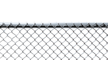 Metal chain link fence section with silver top rail against white background, cut out transparent
