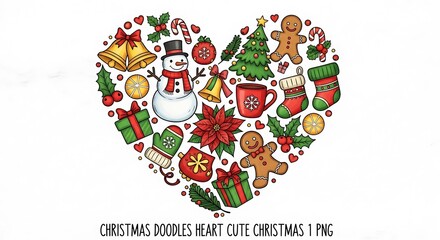 Fototapeta premium Heart shape formed by cute Christmas doodles including snowman gingerbread man and gifts image photo