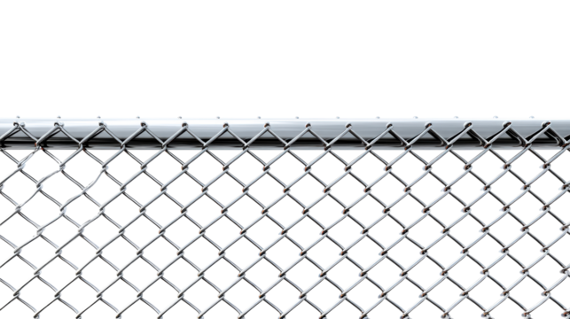 Metal chain link fence section with silver top rail against white background, cut out transparent