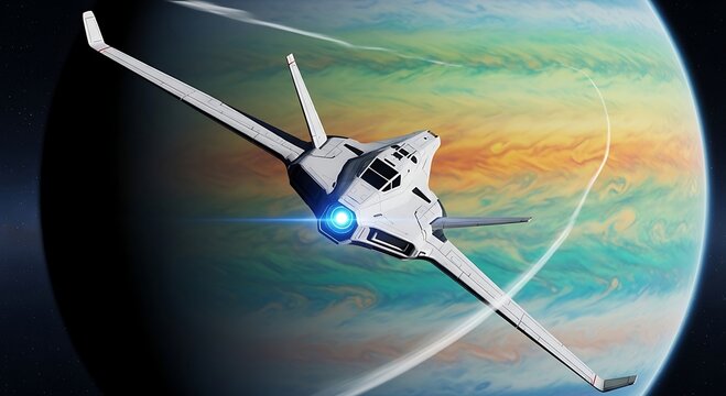 Futuristic Spaceship Soaring Above Vibrant Gas Giant Planet - Sci-Fi Stock Image.