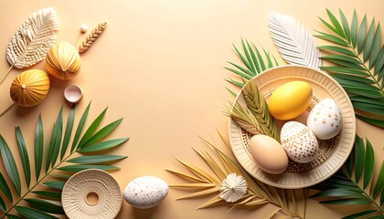Elegant Easter Still Life with Tropical Foliage and Decorative Eggs Arrangement