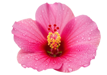 Close-up of a vibrant pink hibiscus flower with dew drops glistening on its petals transparent background