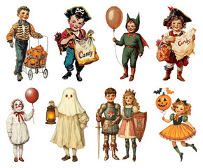 PNG Vintage Halloween children costumes, element set on transparent background