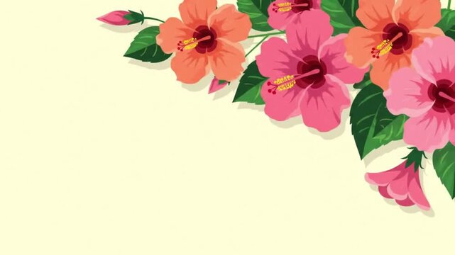 Vibrant tropical hibiscus flowers in various shades of pink and orange, creating a beautiful floral arrangement with green leaves on a soft yellow background