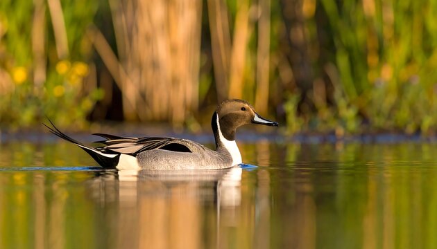 Northern Pintail Duck Swimming in Calm Water with Reeds.