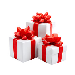 Obraz premium Wrapped gift boxes with red bows, isolated on white background.