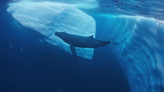 Oceanic Symphony: A whale, a leviathan of the deep, gracefully navigates the crystal-clear waters, gliding serenely beneath a monumental iceberg, an image of aquatic grace and icy majesty.