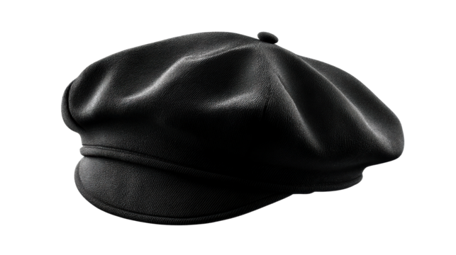 Classic Black Newsboy Cap with Textured Fabric and Button Accent, cut out transparent