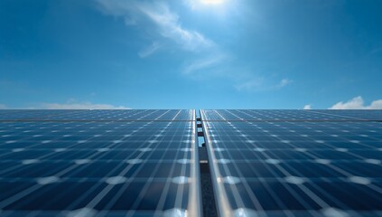 Reflective solar panels capture renewable energy beneath the clear blue sky featuring bright midday sunlight, viewed from a low perspective emphasizing clean technology and sustainability