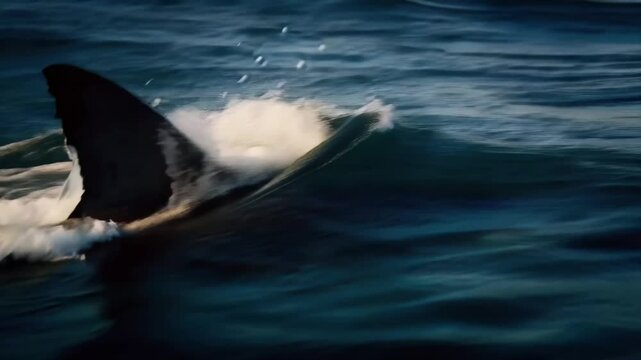 Shark's Fin Breaks the Surface of a Dark Blue Ocean Wave