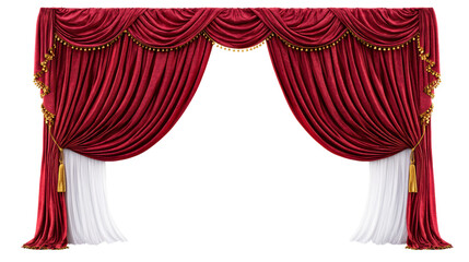 Elegant Red Velvet Stage Curtains with Gold Trim and Tassels, cut out transparent