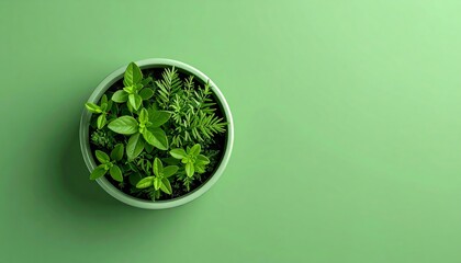 Obraz premium Overhead shot of vibrant green herbs growing in a pale green pot on a green backdrop