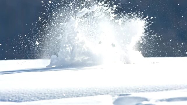 Dynamic burst of fresh white snow scattering across a pristine winter landscape under bright natural light, creating a dazzling display of frozen particles