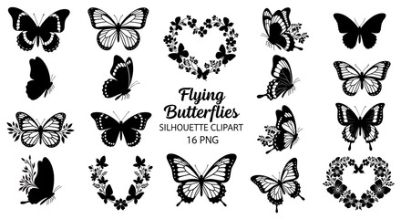 Fototapeta premium Collection of Black Silhouette Butterflies and Floral Heart Wreaths on White Background Keywords: butterfly, silhouette, black, white, flying, insect, nature, wing, pattern, design, graphic, art