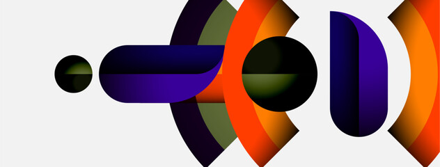 Abstract geometric shapes overlap, creating dynamic composition. Colors include purple, orange, green, black, white. Modern design elements present.