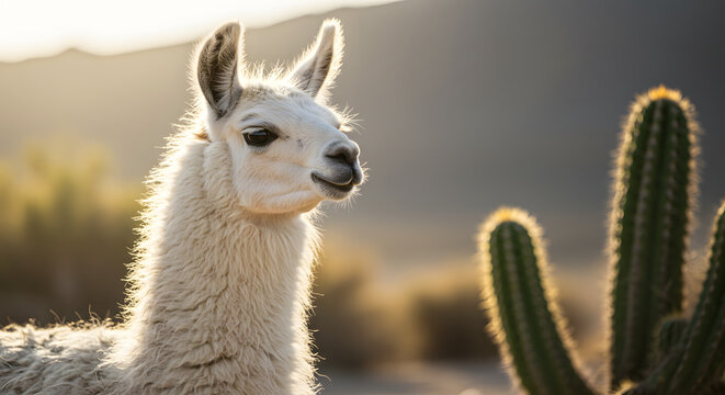 Llama standing near cactus in desert during golden hour  