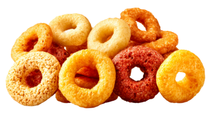 Pile of colorful crunchy breakfast cereal loops isolated on white background, cut out transparent