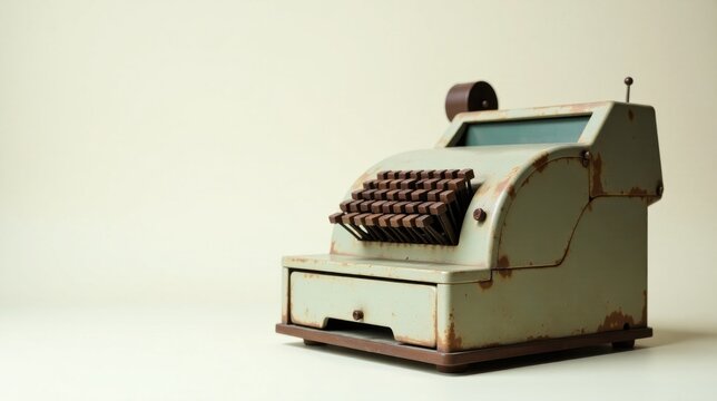 A weathered antique cash register, a relic of bygone commerce, sits on a simple background, its aged patina hinting at countless transactions and stories from a past era. - Powered by Adobe
