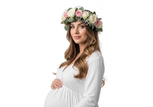 Beautiful pregnant woman wearing a floral crown and white dress posing gracefully transparent background