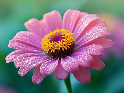 Close-Up Macro Pink Zinnia Caenorhabditis Elegans Flower with Dewdrops, Centered Composition, Soft Blurred Background with Green-Blue-Purple Gradient, Garden Natural Setting, Light Highlights Dew Spar