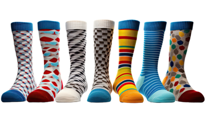 Collection of colorful patterned fashion socks set with geometric stripes dots modern style isolated on white background