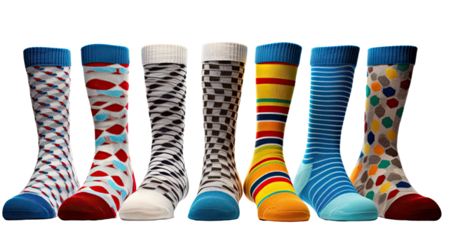 Collection of colorful patterned fashion socks set with geometric stripes dots modern style isolated on white background