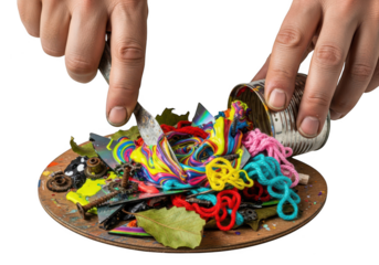 Hands pouring colorful loom bands onto a wooden plate amidst a playful crafting scene transparent background