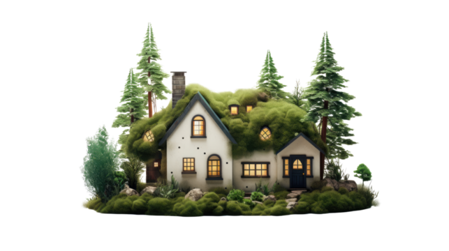Beautiful moss covered eco friendly green roof cottage house with forest trees and natural landscape isolated on white background