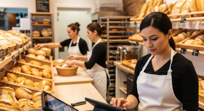Modern Interior Bakery Shop with Staff and Bread Display Assortment