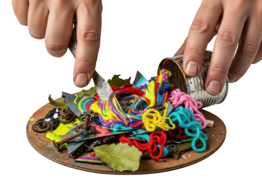Hands pouring colorful loom bands onto a wooden plate amidst a playful crafting scene transparent background