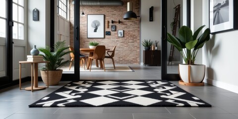 Welcome mat concept. Stylish interior with patterned rug, plants, and modern decor elements.