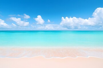 Fototapeta premium Serene Tropical Beach Scene, Turquoise Water, White Sand, Blue Sky