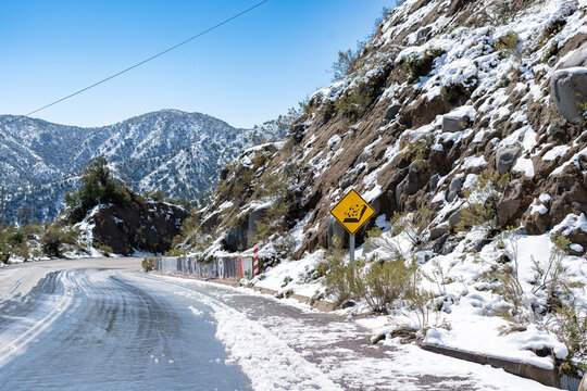 Camino nevado en d&iacute;a soleado, cuesta la Dormida, Chile