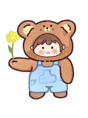 Cute chibi boy in bear costume holding yellow flower