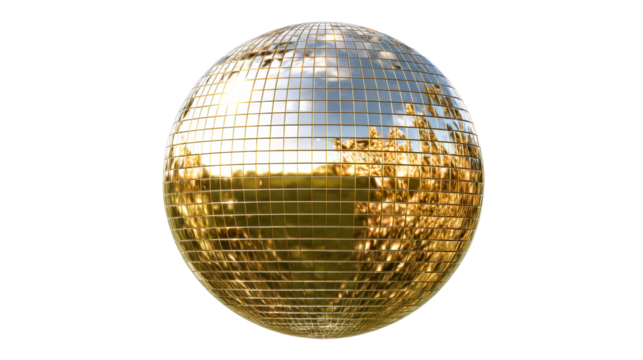 Golden Mirror Ball Reflecting Sunlight and Trees Against White Background, cut out transparent