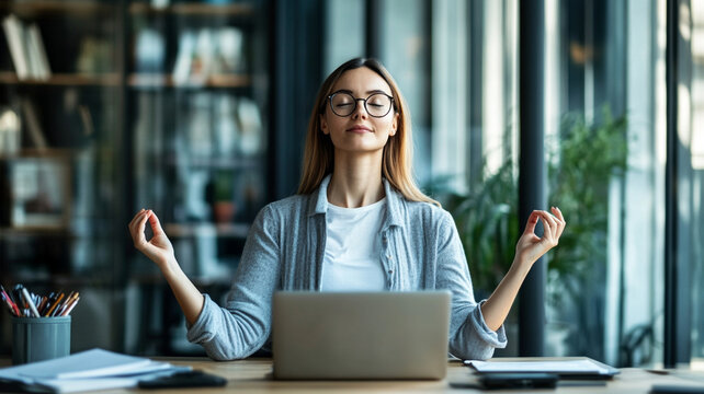 Businesswoman meditating at office desk with laptop, feeling calm and relaxed, practicing mindfulness in modern workspace