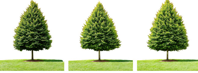 Photorealistic multiple green trees with vibrant foliage, showcasing lush landscape. trees stand tall, surrounded by well maintained grass, creating serene and inviting atmosphere