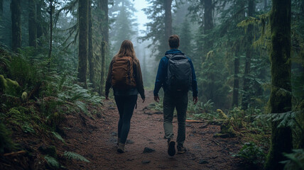 Couple hiking in misty forest cinematic wide shot adventure nature backpack outdoor serene green path trees