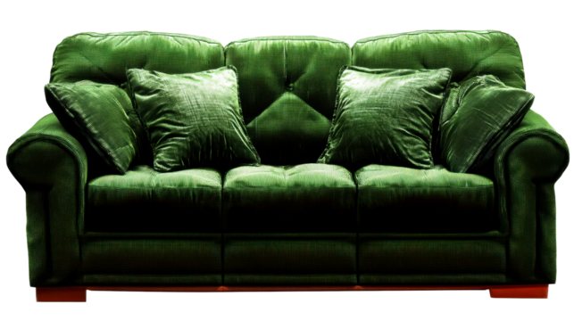 Plush Green Sofa with Textured Cushions Isolated on White Background, cut out transparent - Powered by Adobe