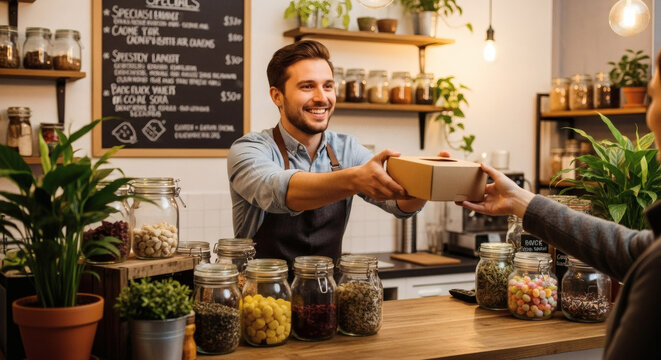 Lifestyle Smiling Barista Delivering Takeout Box at a Local Zero Waste Store