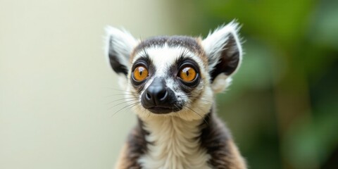 Fototapeta premium A curious ring-tailed lemur with striking orange eyes gazes upward, its inquisitive expression capturing attention against a softly blurred natural backdrop.