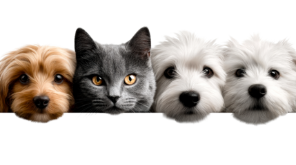 Three puppies and one cat peeking over a white surface, cut out transparent