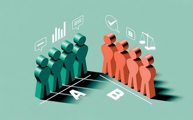 Conceptual illustration of two opposing teams, A and B, engaged in a critical debate with differing opinions, data analysis, and legal arguments for a strategic business decision