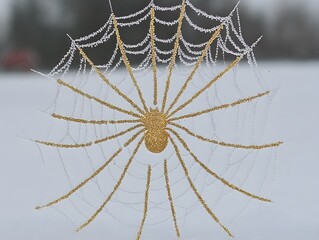 Fototapeta premium Stunning Golden Spider on a Frosty Web Winter Scene