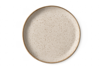 Empty beige speckled ceramic plate on transparent background