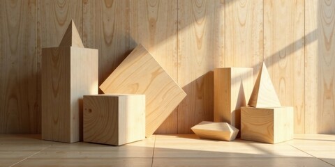 Wooden geometric shapes arranged against a light wood backdrop bathed in sunlight creating a minimalist and serene atmosphere