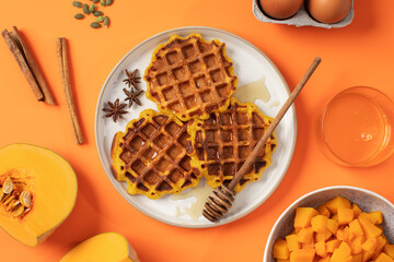 Autumn breakfast with pumpkin waffles and honey on orange background. Autumn recipes.